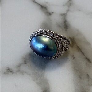 Judith Ripka silver ring w/ Mabe blue pearl and diamonique and CZs, size 7